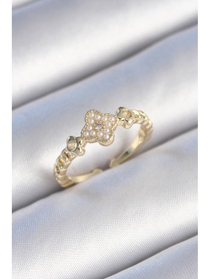 Pileli Store Pirinç Gold Renk Incili Yonca Model Zirkon Taş Detay Kadın Yüzük - TJ-BYK3438