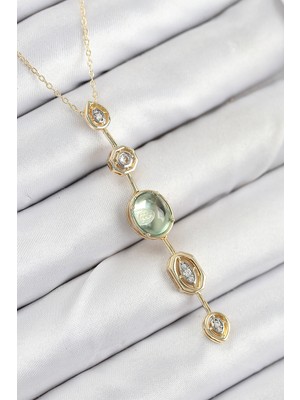 Pileli Store Pirinç Zincir Yeşil Gold Renk Zirkon Taşlı Y Kolye - TJ-BKO10557