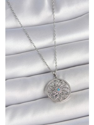 Pileli Store 316L Çelik Gümüş Renk Zincir Mavi Taşlı Lotus Model Kadın Kolye - TJ-BKO10060