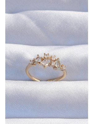 Pileli Store Pirinç Gold Renk Zirkon Taşlı Damla Detay Ayarlanabilir Yüzük