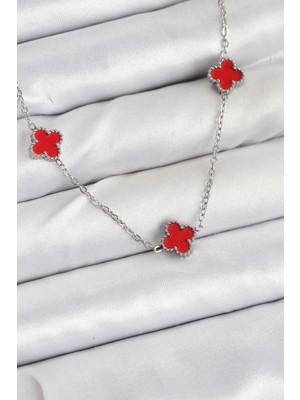 Pileli Store 316L Çelik Zincir Gümüş Renk Kırmızı Baby Boy Yonca Kadın Kolye - TJ-BKO10581