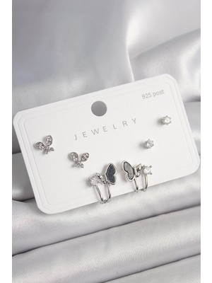 Pileli Store 925 Ayar Gümüş Çivi Pirinç Gümüş Renk Zirkon Taşlı Model Kadın Küpe Seti - TJ-BKP10404