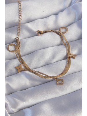 Pileli Store 316L Çelik Gold Renk Çift Zincir Yonca Tasarım Bileklik - TJ-BB6181
