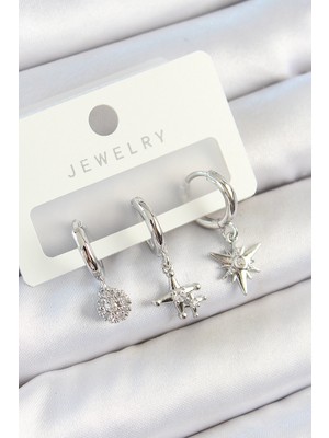 Pileli Store Pirinç Zirkon Taşlı Kutup Yıldızı Model Gümüş Renk 3'lü Çift Kadın Küpe Set - TJ-BKP108