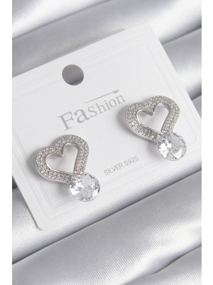 Pileli Store Pirinç Gümüş Renk Zirkon Taşlı Kalp Model Damla Zirkon Taş Detay Kadın Küpe - TJ-BKP8534