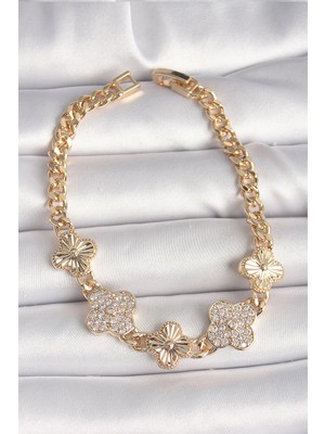 Pileli Store Pirinç Gold Renk Zirkon Taşlı Yonca Model Kadın Bileklik - TJ-BB6836
