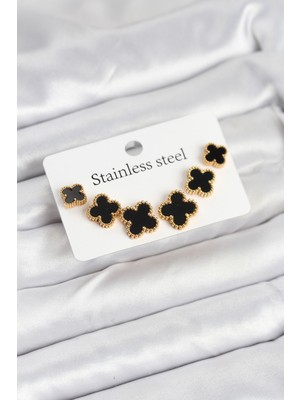 Pileli Store 316L Çelik Gold Siyah Renk 3 Boy Yonca Küpe Seti - TJ-BKP11235