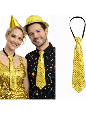Pileli Store Altın Renk Pul Payetli Işıltılı Parti Kravatı 33 cm