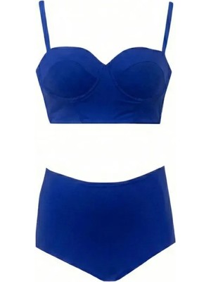 Zi Saks Mavisi Yüksek Bel Bikini Alt Üst Takım