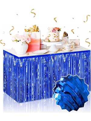 Pileli Store Kendinden Yapışkanlı Mavi Metalize Püsküllü Masa Eteği – 75 x 275 cm Parti Süslemesi