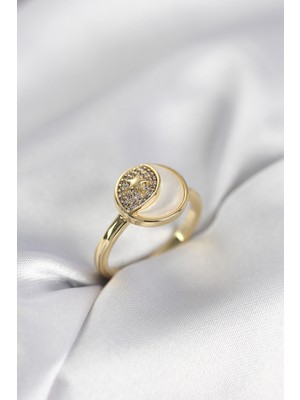 Pileli Store Ay Yıldız Model Gold Renk Zirkon Taşlı Kadın Yüzük - TJ-BYK3995