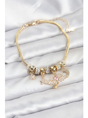 Pileli Store Pirinç Gold Renk Kanatlı Charmlı Kadın Bileklik - TJ-BB8199