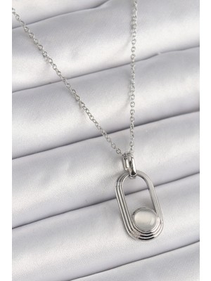 Pileli Store 316L Çelik Gümüş Renk Zincir Beyaz Kedi Göz Model Kadın Kolye - TJ-BKO9612