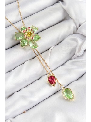 Pileli Store Vıp Pirinç Zirkon Taşlı Çiçek Model Gold Renk Asansörlü Kadın Kolye - TJ-BKO10474