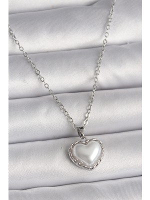 Pileli Store 316L Çelik Gümüş Renk Zincir 3D Inci Kalp Model Kadın Kolye - TJ-BKO9712