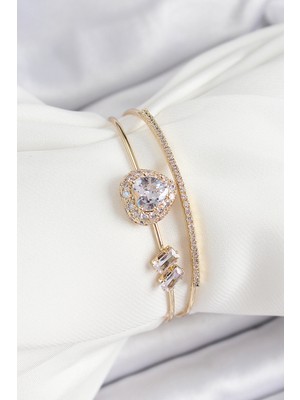 Pileli Store Pirinç Gold Renk Kalpli Zirkon Taşlı Kadın Bileklik - TJ-BB7061