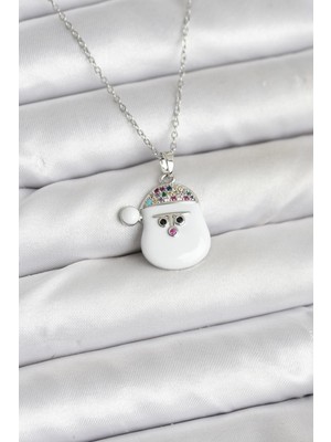 Pileli Store 316L Çelik Zincir Gümüş Renk Şapkalı Kardan Adam Kafası Model Yılbaşı Temalı Kadın Kolye