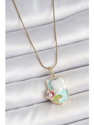 Pileli Store 316L Çelik Gold Renk Zincir Mavi Mineli Incili Çiçek Işlemeli Portre Model Kadın Kolye - Tj-B