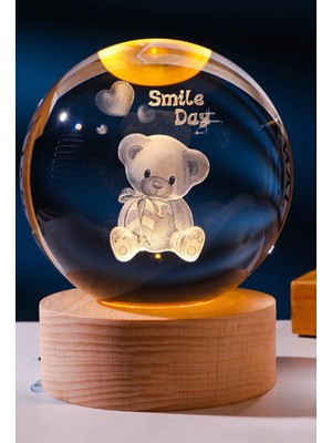 Pileli Store Dekoratif Ayıcık Tasarımlı Ahşap Altlıklı Işıklı Cam Küre Cam 6 cm Ahşap 2 cm