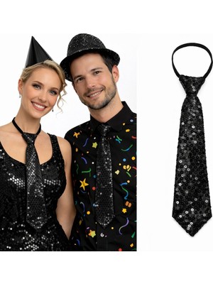 Pileli Store Siyah Renk Pul Payetli Işıltılı Parti Kravatı 33 cm