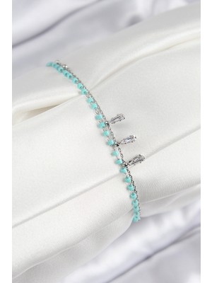 Pileli Store Pirinç Zirkon Taşlı Mavi Boncuklu Model Gümüş Renk Kadın Bileklik - TJ-BB7582
