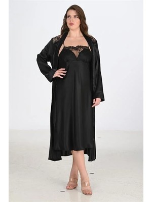Pileli Store  Premium Büyük Beden Saten Dantel Işlemeli Siyah 2'li Gecelik Sabahlık Takımı Bigsize