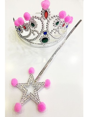 Pileli Store Pembe Ponponlu Gümüş Renk Prenses Tacı ve Gümüş Renk Prenses Asası