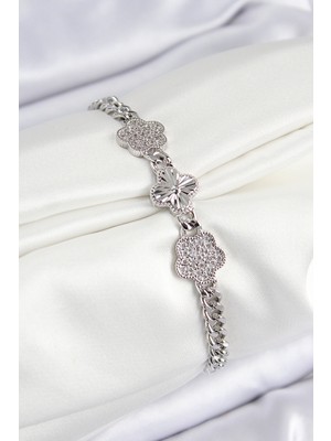 Pileli Store Pirinç Zirkon Taşlı Yonca Model Gümüş Renk Kadın Bileklik - TJ-BB7548