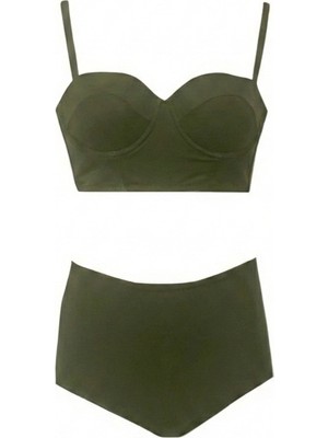 Zi Haki Yeşil Yüksek Bel Bikini Alt Üst Takım