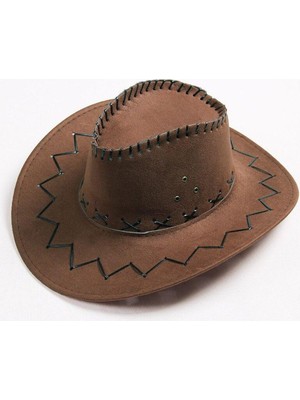 Pileli Store Bağcıklı Çocuk Boy Nubuk Süet Kovboy Şapkası Koyu Kahve Renk