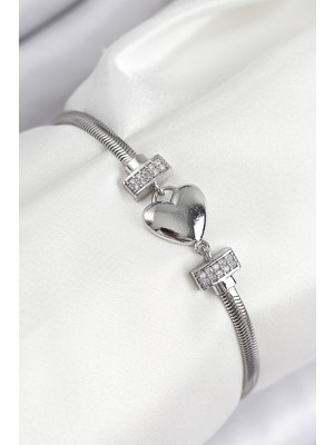 Pileli Store Pirinç Zirkon Taşlı Kalp Model Gümüş Renk Kadın Bileklik - TJ-BB7900