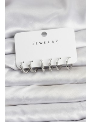 Pileli Store Gümüş Renk Pirinç Zirkon Taşlı Kadın Küpe Seti - TJ-BKP11476