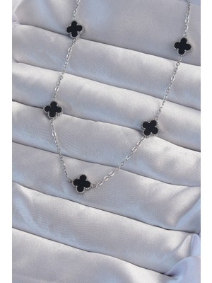 Pileli Store 316L Çelik Gümüş Renk Minimal Siyah Mineli Yonca Kolye - TJ-BKO9003