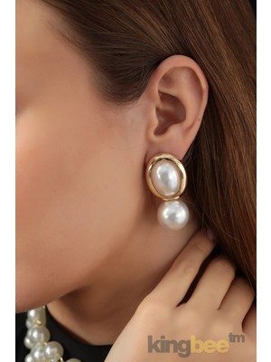 King Bee Topkapı Seri Gold Renk Büyük Incili Vintage Küpe - Altın Rengi Çerçeveli Inci Küpe