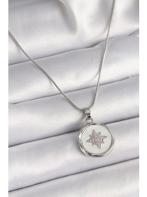 Pileli Store 316L Çelik Gümüş Renk Zincir Beyaz Sedefli Zirkon Taşlı Yıldız Işleme Model Kadın Kolye -