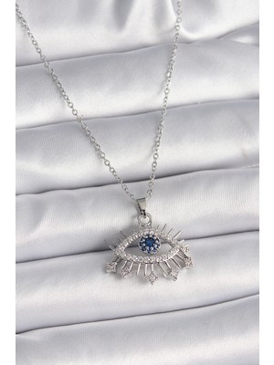 Pileli Store 316L Çelik Gümüş Renk Zincir Zirkon Taşlı Göz Model Kadın Kolye - TJ-BKO9564