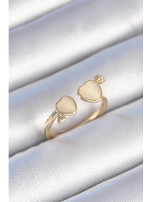 Pileli Store Pirinç Gold Renk Beyaz Mineli Kalp Model Kadın Yüzük - TJ-BYK3472