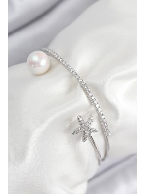 Pileli Store Pirinç Zirkon Taşlı Yıldız ve Inci Model Gümüş Renk Kadın Bileklik - TJ-BB7884