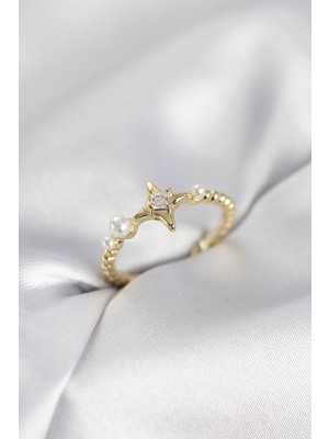 Pileli Store Minimal Kutup Yıldızı Model Zirkon Taşlı Gold Renk Kadın Yüzük - TJ-BYK4127