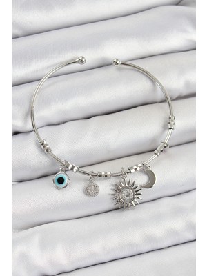 Pileli Store Pirinç Zirkon Taşlı Güneş Ay ve Nazar Model Gümüş Renk Charm Bileklik - TJ-BB7346