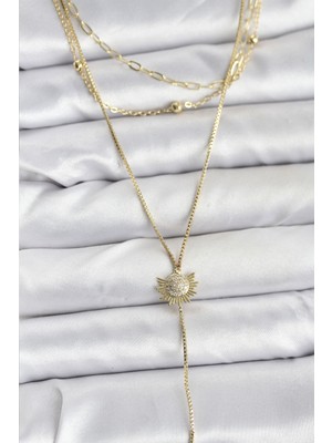 Pileli Store Pirinç Gold Renk Zirkon Taşlı Güneş Model Detaylı 3'lü Kombin Y Kadın Kolye - TJ-BKO10698