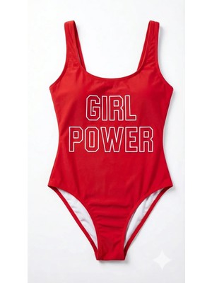 Zi Kırmızı Çok Dar Kalıp Girl Power Baskılı Mayo