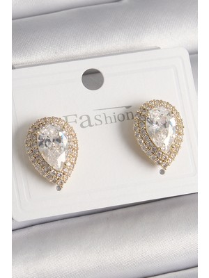 Pileli Store Pirinç Gold Renk Zirkon Taşlı Damla Model Kadın Küpe - TJ-BKP9917