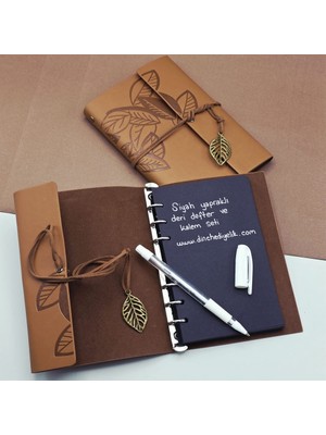 Pileli Store Siyah Yapraklı Deri Defter ve Kalem Seti