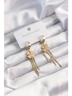 Pileli Store 316L Çelik Altın Renk Italyan Zincirli Yonca Model Halka Küpe