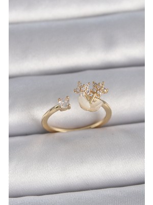 Pileli Store Pirinç Gold Renk Ayarlanabilir Zirkon Taşlı Yıldız Model Kadın Yüzük - TJ-BYK3396