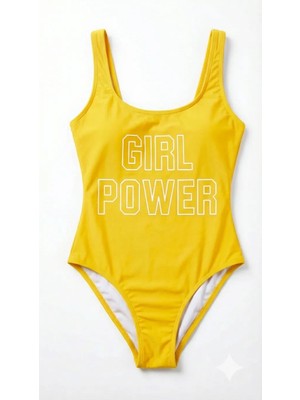 Zi Sarı Dar Kalıp Girl Power Baskılı Mayo
