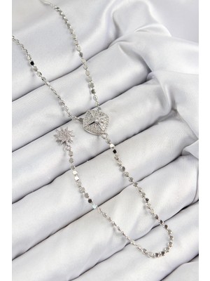 Pileli Store Pirinç Zirkon Taşlı Ezme Zincirli Madalyon Model Gümüş Renk Y Kolye - TJ-BKO10470