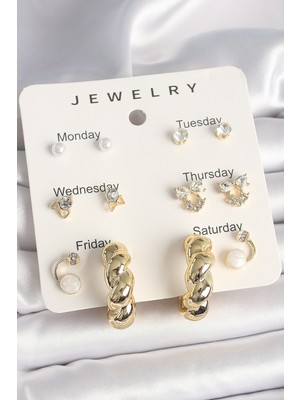 Pileli Store Pirinç Gold Renk Zirkon Taşlı Sarmal Halka Model 7'li Kadın Küpe Seti - TJ-BKP10324