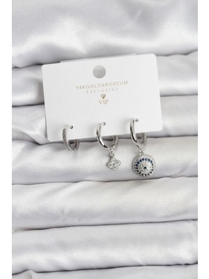 Pileli Store Nazar Model Gümüş Renk Pirinç 3'lü Kadın Küpe Seti - TJ-BKP11442